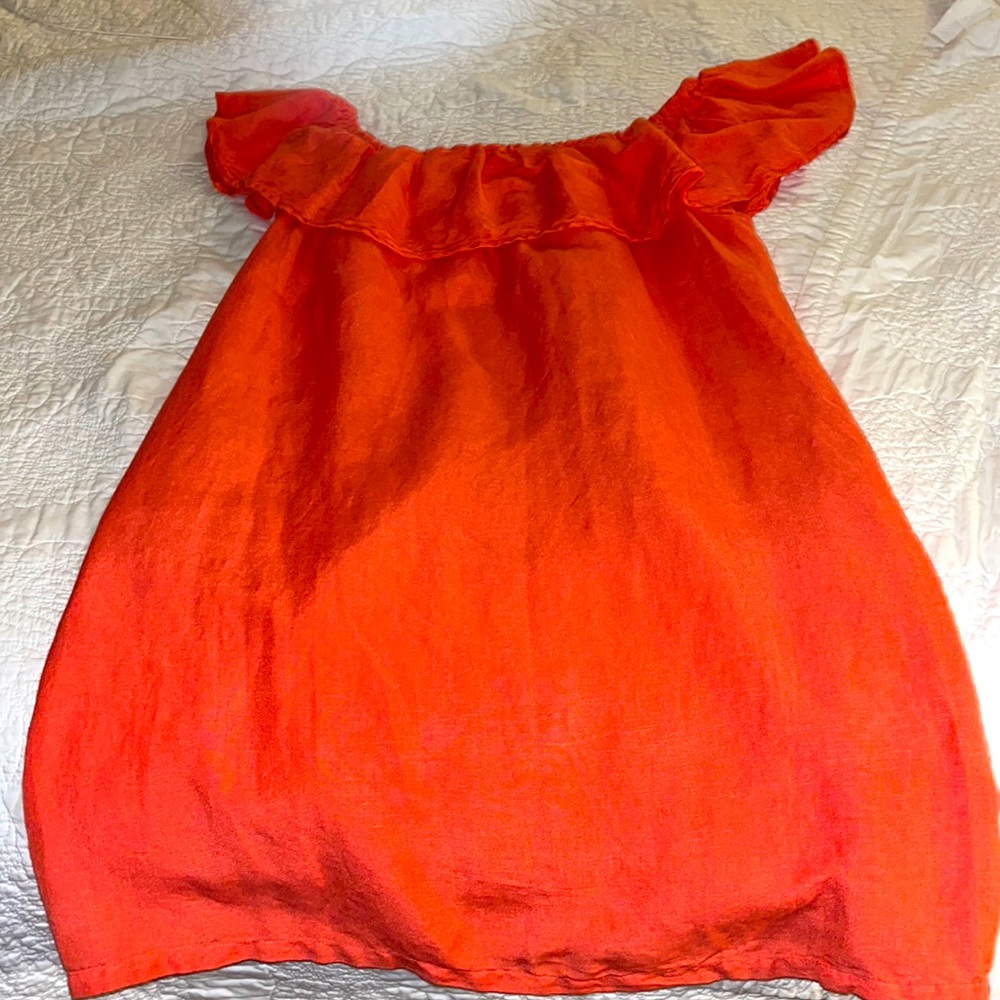 Tommy Bahama Linen Oran’s Off The Shoulder dress.